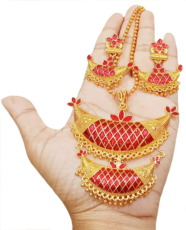 Assamese_Traditional_Gold_Plated_Red_Double_Joonbiri_Chain_Jewellery_Set_For_Women_&_Girls